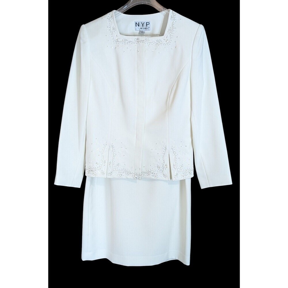 NYP Suits Ivory Beaded Skirt Suit Set Vintage Size 14 Formal Church Evening